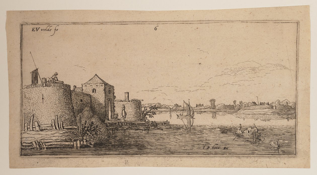 Ommuurde stad, links van een rivier, uit Landschappen door Esaias van den Velde I