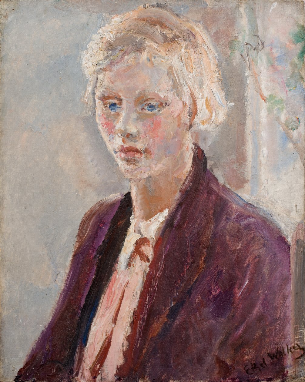 Blond meisje in paars jasje, ca. 1935 (olieverf op doek) door Ethel Walker