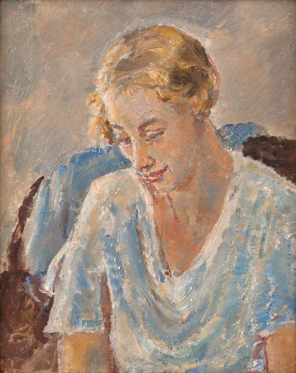 Portret van een vrouw in blauw (olieverf op doek) door Ethel Walker