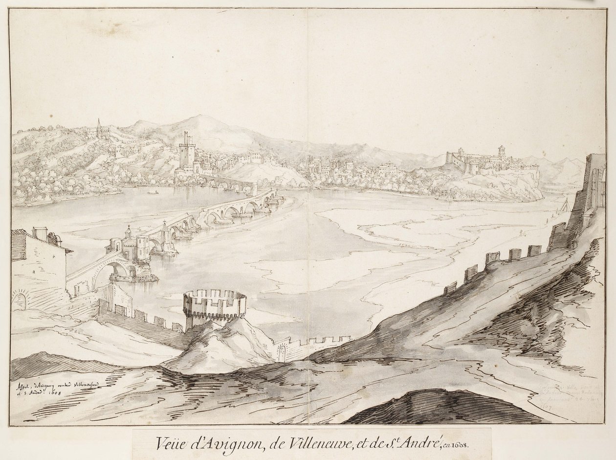 Uitzicht op de brug bij Avignon richting Villeneuve door Etienne Martellange