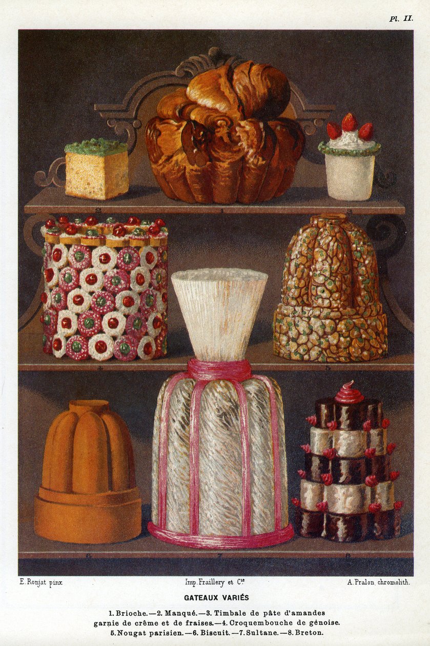 Cakes variëren: brioche, gebrek, timpani van amandelpasta bedekt met room en aardbeien, croquenbouche van genoise, Parijse nougat, biscuit, sultane, Breton - Plaat nr. 2 uit het Patisserie Boek van Jules Gouffe, officier de bouche du Jockey-Club de Paris door Etienne (after) Ronjat