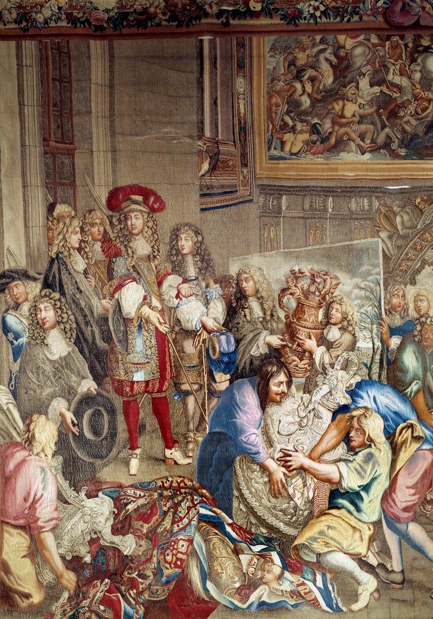 Bezoek van Lodewijk XIV aan de Manufacture des Gobelins in aanwezigheid van Jean Baptiste Colbert en schilder Charles Lebrun, 15 oktober door Etienne (studio of) Le Blond