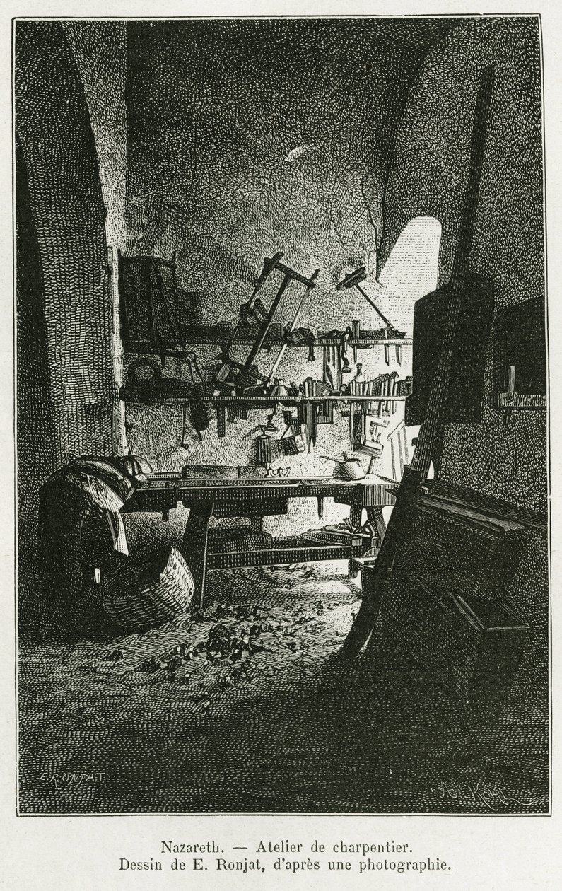 Timmerwerkplaats in Nazareth. Gravure door E. Ronjat, ter illustratie van het verhaal La Syria d