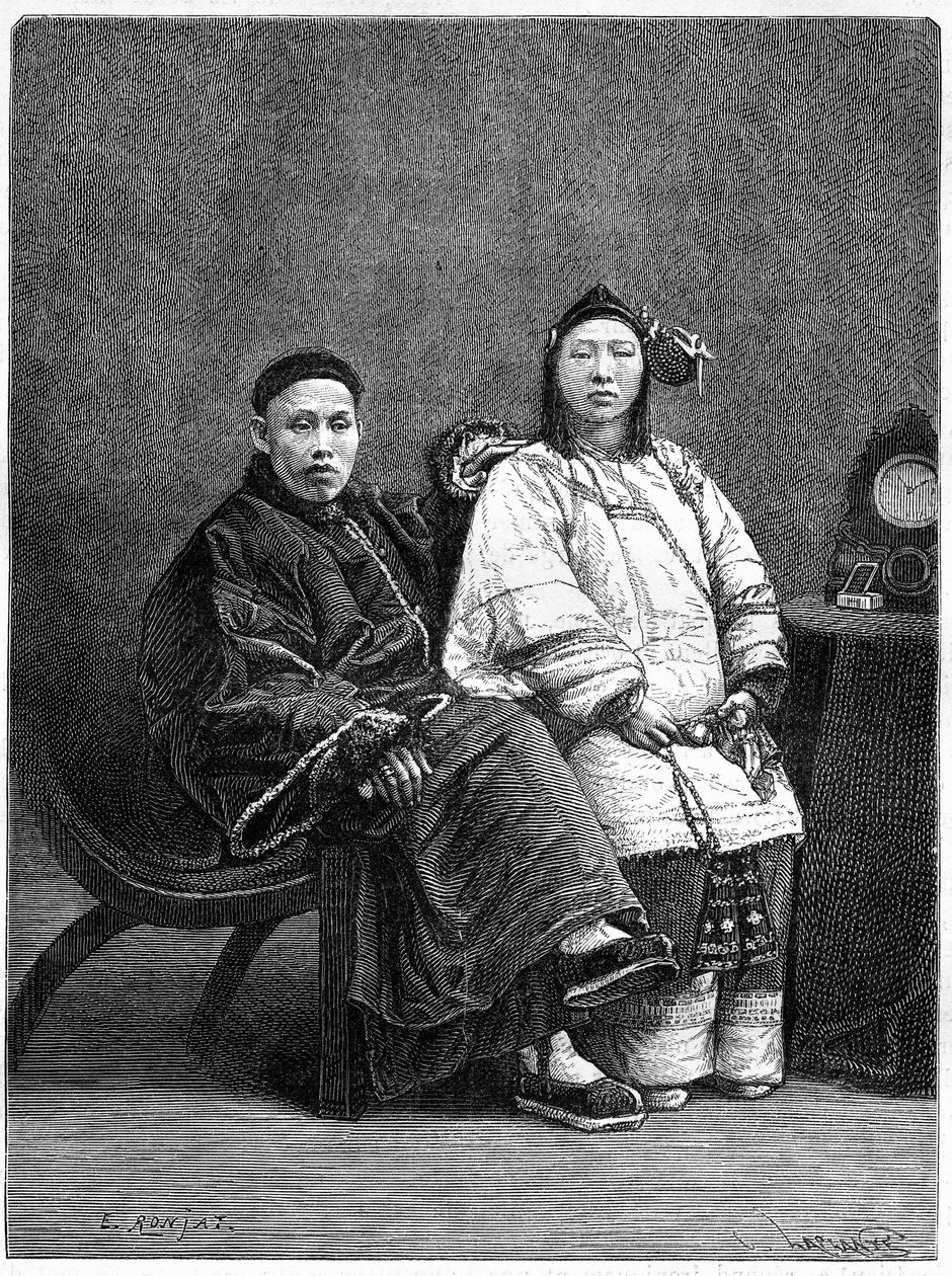 Koppel Chinese notabelen uit San Francisco (Verenigde Staten) in de 19e eeuw. Gravure naar een tekening van Ronjat, naar een foto, in 