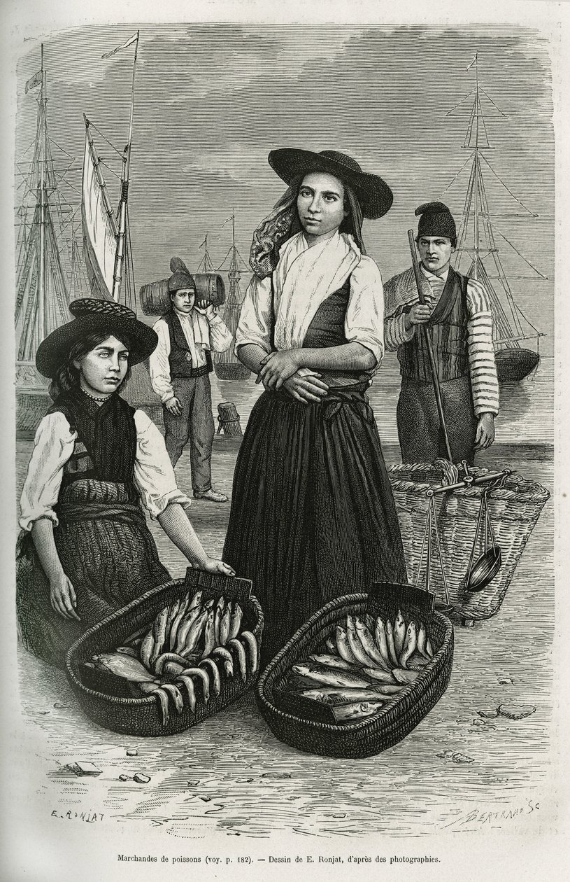 Visverkopers, gekleed in het traditionele vrouwenkostuum: korte rok en geplooid, lijfje met zilveren knopen, bedekt met een brede zwarte vilten hoed. Gravure door E.Ronjat, ter illustratie van het verhaal een week in Lissabon, door Jules Leclercq, gepublic door Etienne Antoine Eugene Ronjat