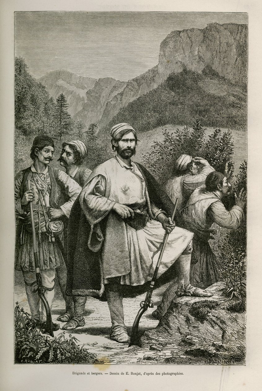 Griekse bandieten en herders, medeplichtigen in de bergen, tekening door E. Ronjat, ter illustratie van het verhaal van Henri Belle: Reis naar Griekenland door Etienne Antoine Eugene Ronjat