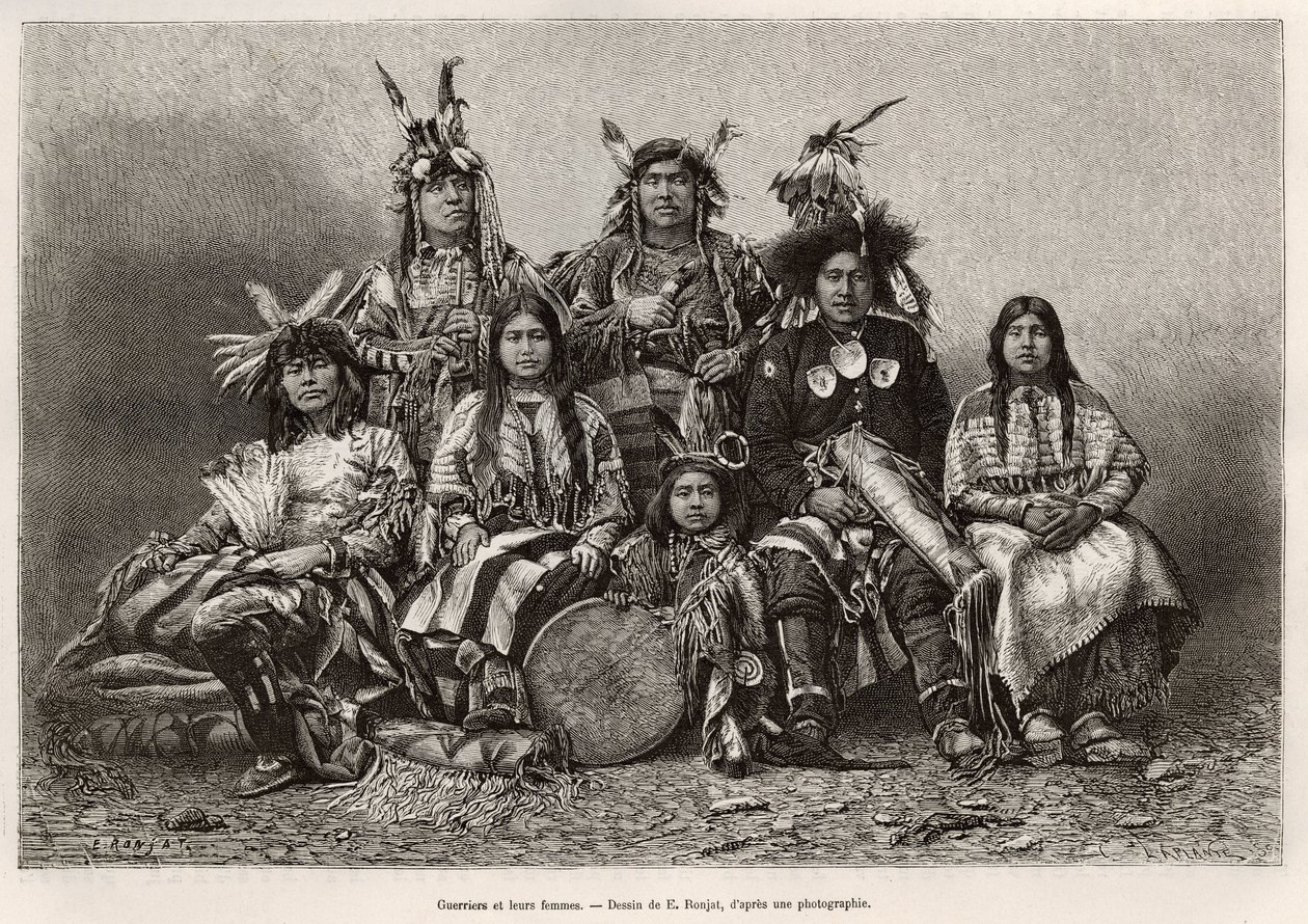 Indiaanse krijgers en hun vrouwen (Texas). Gravure naar de tekening van E. Ronjat, ter illustratie van het verhaal 