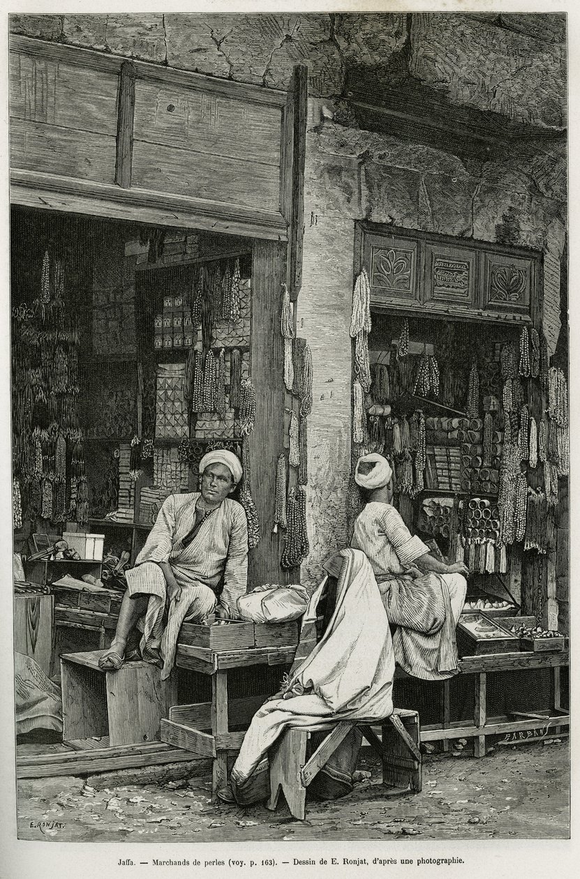 Parelhandelaren in Jaffa (Israël). Gravure door E.Ronjat ter illustratie van La Syria d