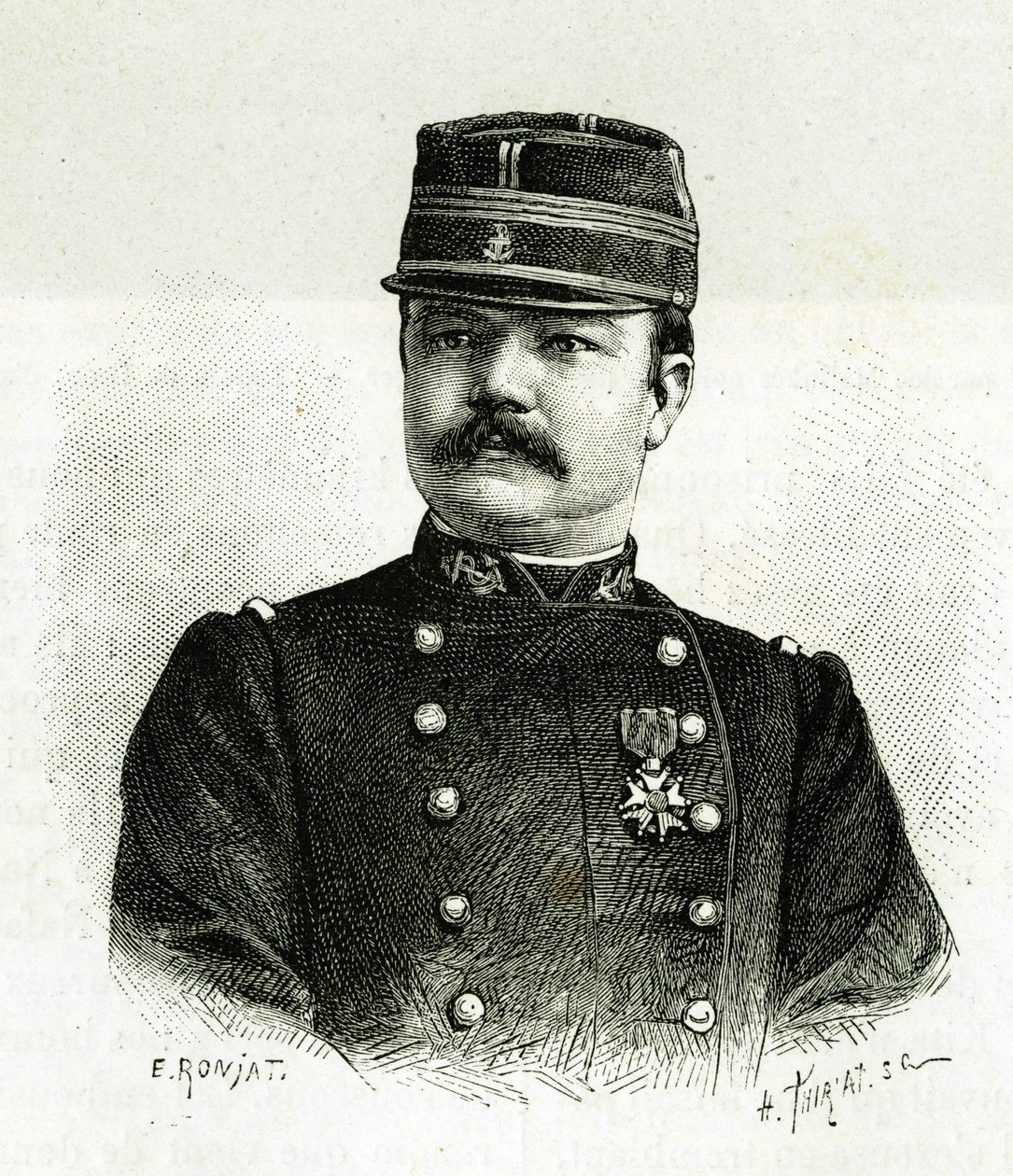 Portret van kapitein Valliere, van de marine-infanterie, tijdens de expeditie naar Afrika onder het bevel van Gallieni. Gravure door E. Ronjat, naar een foto, ter illustratie van het verhaal 