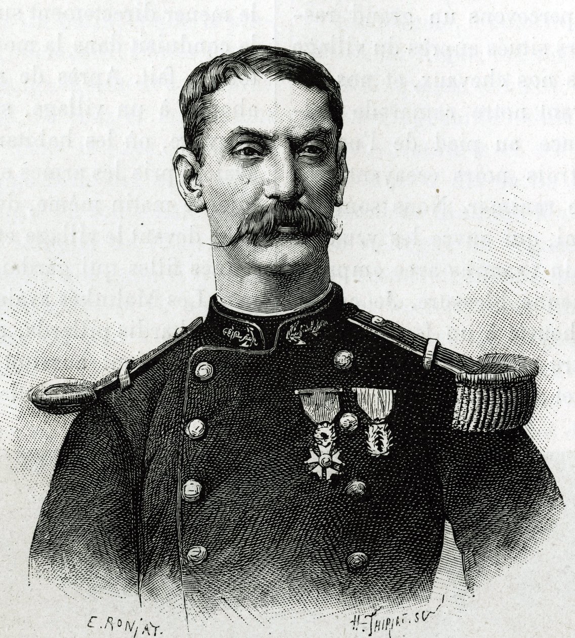 Portret van commandant Joseph Gallieni, tijdens de expeditie in Afrika (1879-1882). Gravure door E. Ronjat naar een foto, ter illustratie van het verhaal 