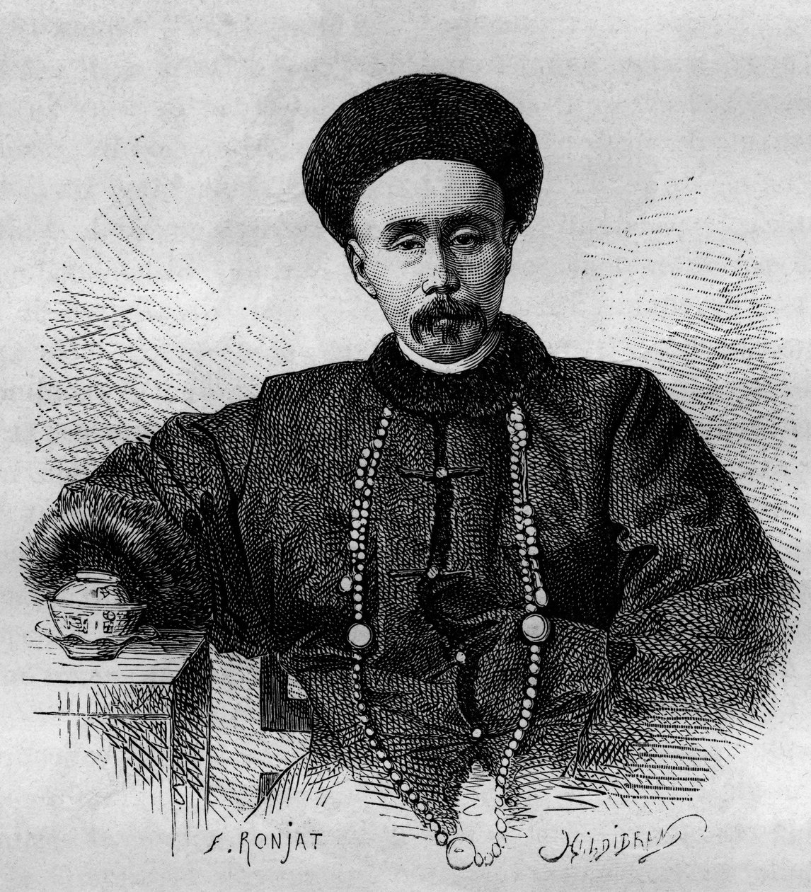Portret van Li Hongzhang (1832-1901), Chinese generaal en onderkoning (onderkoning) van Zhili van 1871 tot 1895 en van 1900 tot 1901. Gravure naar een tekening van Ronjat, naar een foto van Thomson, in 