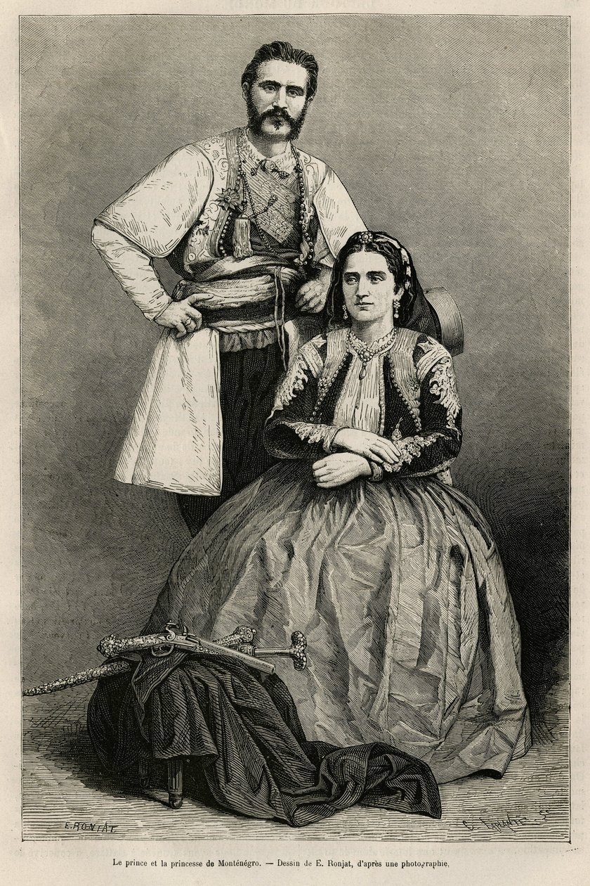 Portretten van de prins van Montenegro Nicholas I Petrovicz Niegosch (1841-1921) en zijn vrouw, Milena, geboren Voukovich (1847-1923), tekening door E. Ronjat, ter illustratie van de reis naar Montenegro, in 1874, door Charles Yriarte (1832-1898). Gravure  door Etienne Antoine Eugene Ronjat