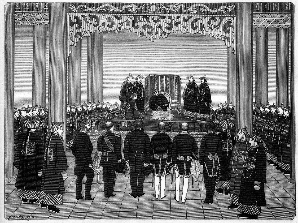 Ontvangst van een buitenlands diplomatiek corps door de keizer van China, 29 juni door Etienne Antoine Eugene Ronjat