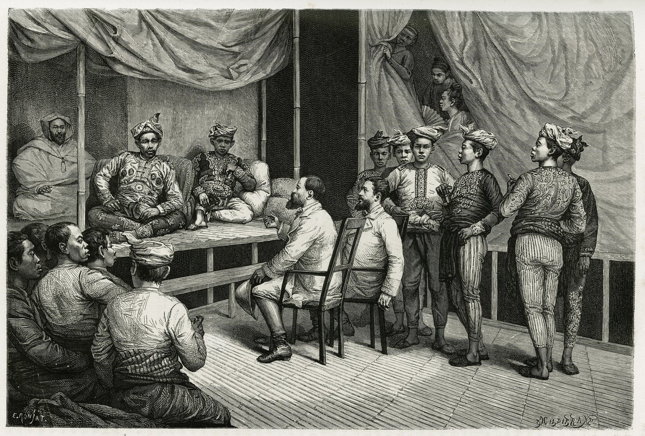 Ontvangst van reizigers in het paleis van de sultan van Soulou (of Sulu) (archipel van de Filipijnen), Mohammed Yamalul Alam. Gravure door E.Ronjat, ter illustratie van het verhaal 
