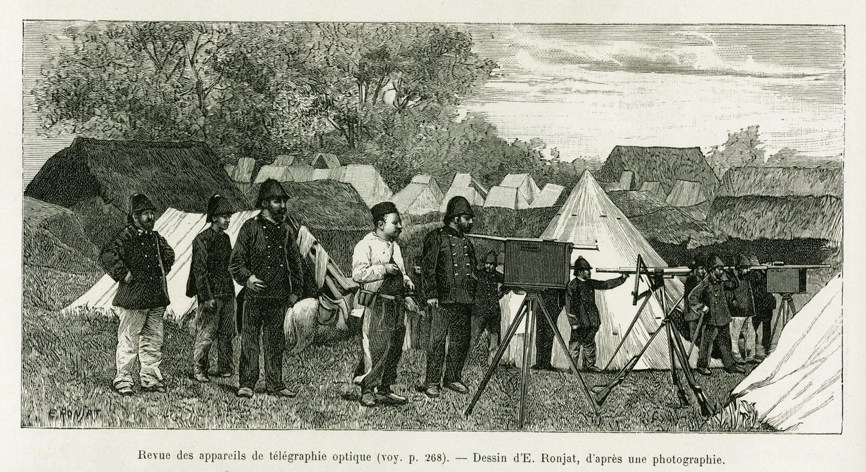 Beoordeling van optische telegrafie-apparatuur. Gravure door E.Ronjat, ter illustratie van het verhaal Trente mois au Tonkin, in 1884, door dokter Paul Hocquard, in le tour du monde 1890, onder leiding van Edouard Charton (1807-1890), Hachette, Parijs. door Etienne Antoine Eugene Ronjat