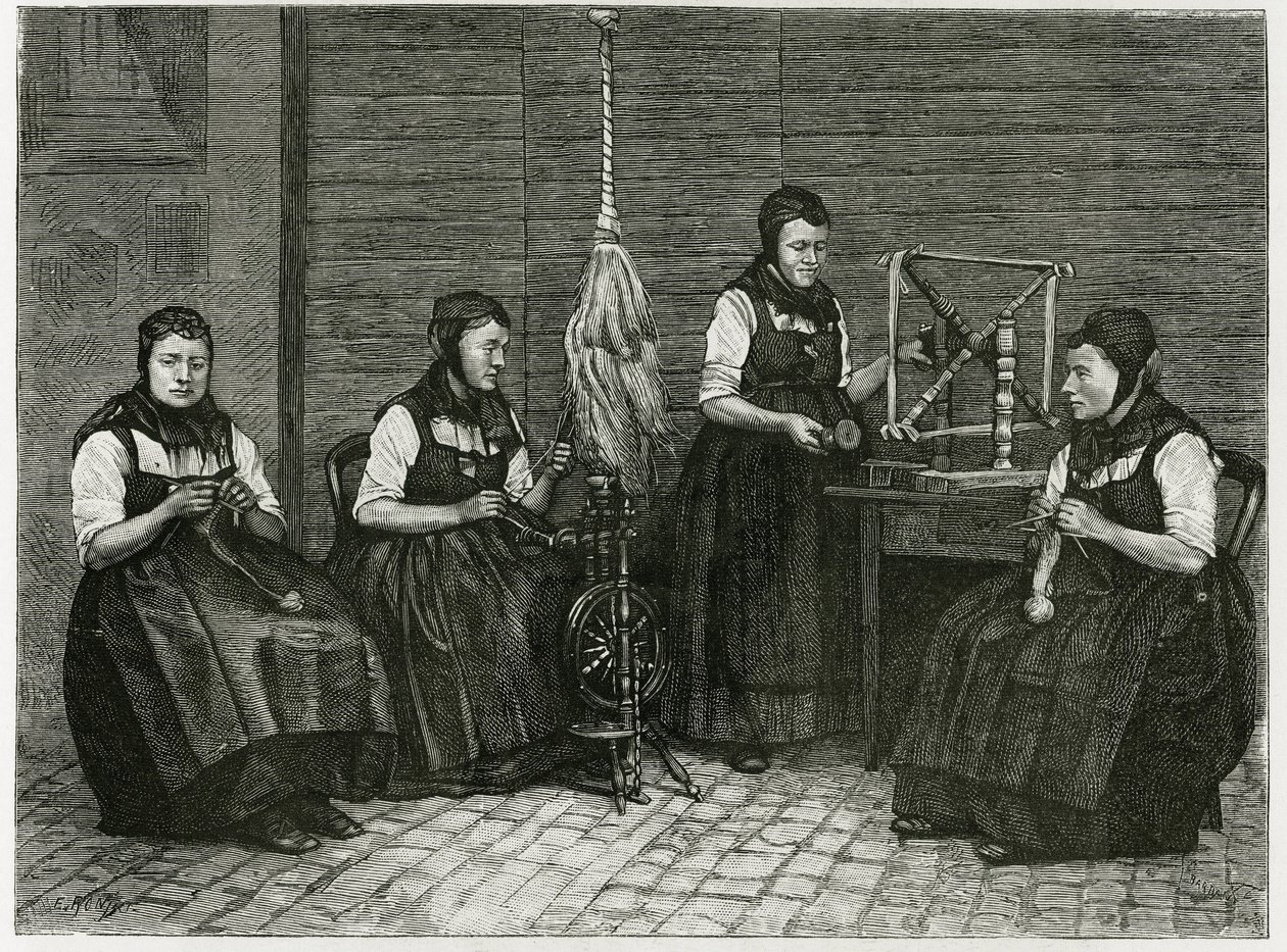 Sondernach verspreiders, beschrijving van de verschillende stadia van het spinnen, hand, spil en spil. Gravure door E. Ronjat, ter illustratie van het verhaal 