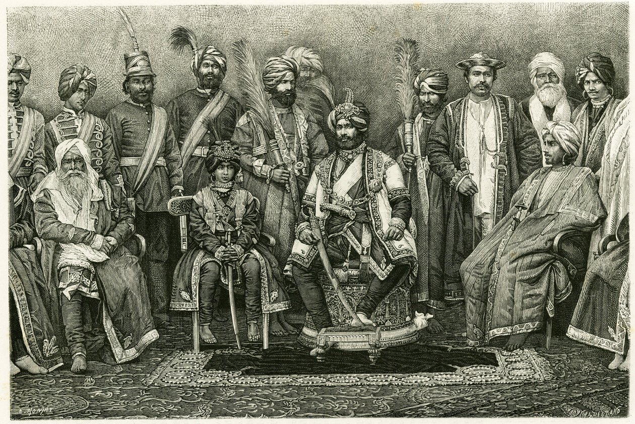 De maharadja van Kasjmir, Rambhir Sing en zijn hof. Gravure door E. Ronjat, ter illustratie van het verhaal 