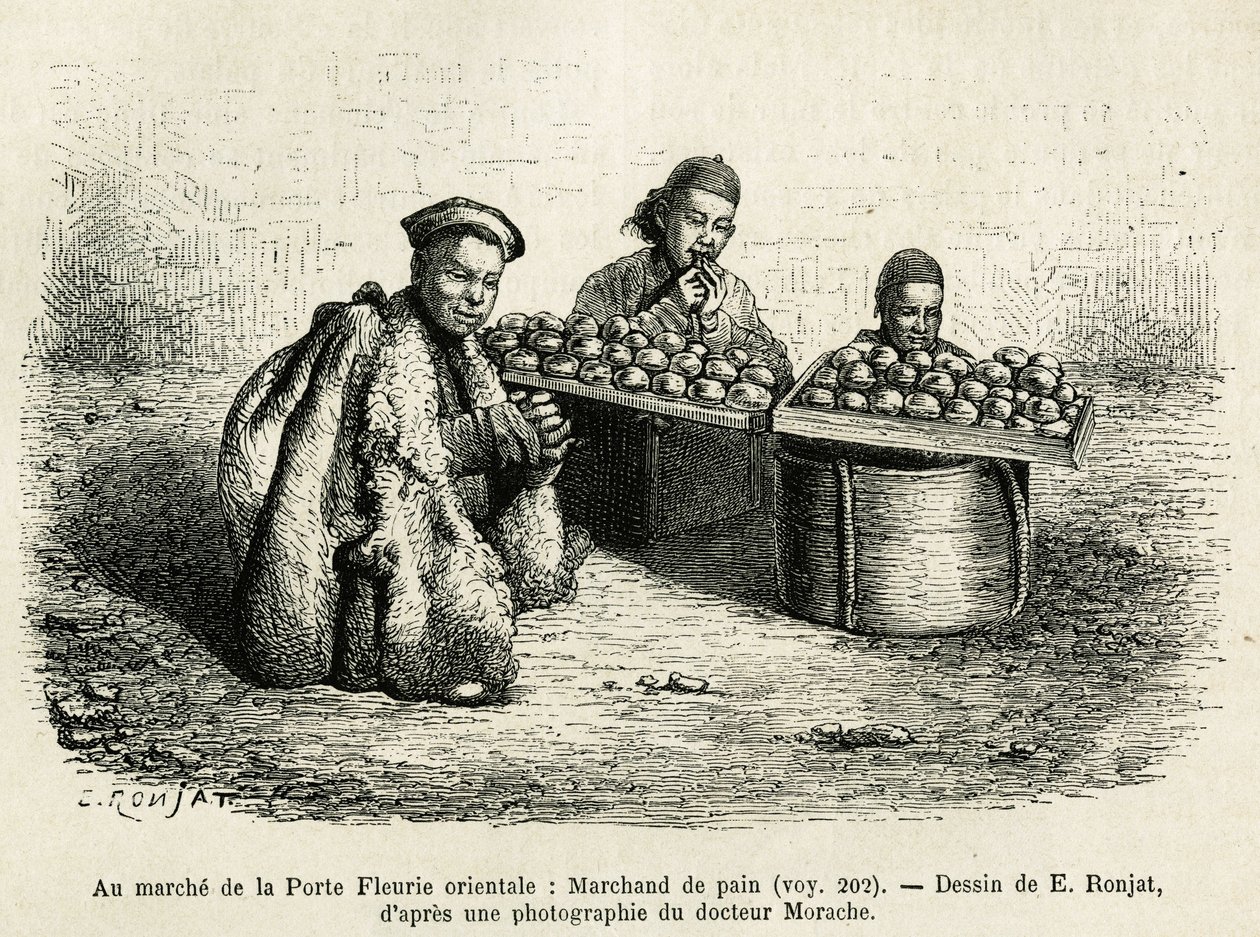 De broodverkoper, aan de voet van de Oriëntaalse Bloemenpoort van het Keizerlijk Paleis in Peking, een alledaagse scène. Gravure naar de tekening van E. Ronjat, ter illustratie van de reis naar Peking en Noord-China, door T. Choutze, in 1873, gepubliceerd  door Etienne Antoine Eugene Ronjat
