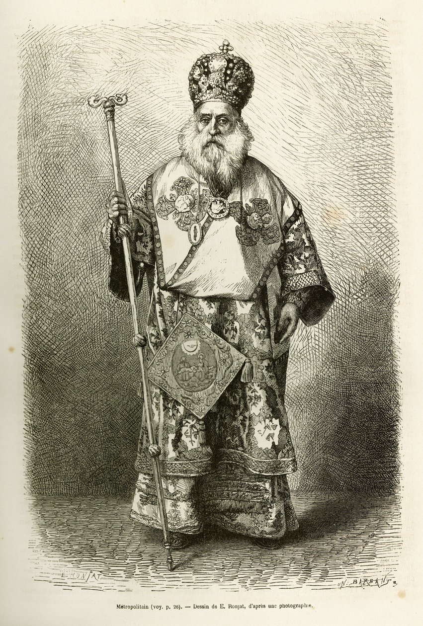 De metropoliet van de nieuwe kathedraal van Athene. Gravure naar de tekening van E. Ronjat, ter illustratie van de reis naar Griekenland, door Henri Belle, in 1861-1868-1874, gepubliceerd in 