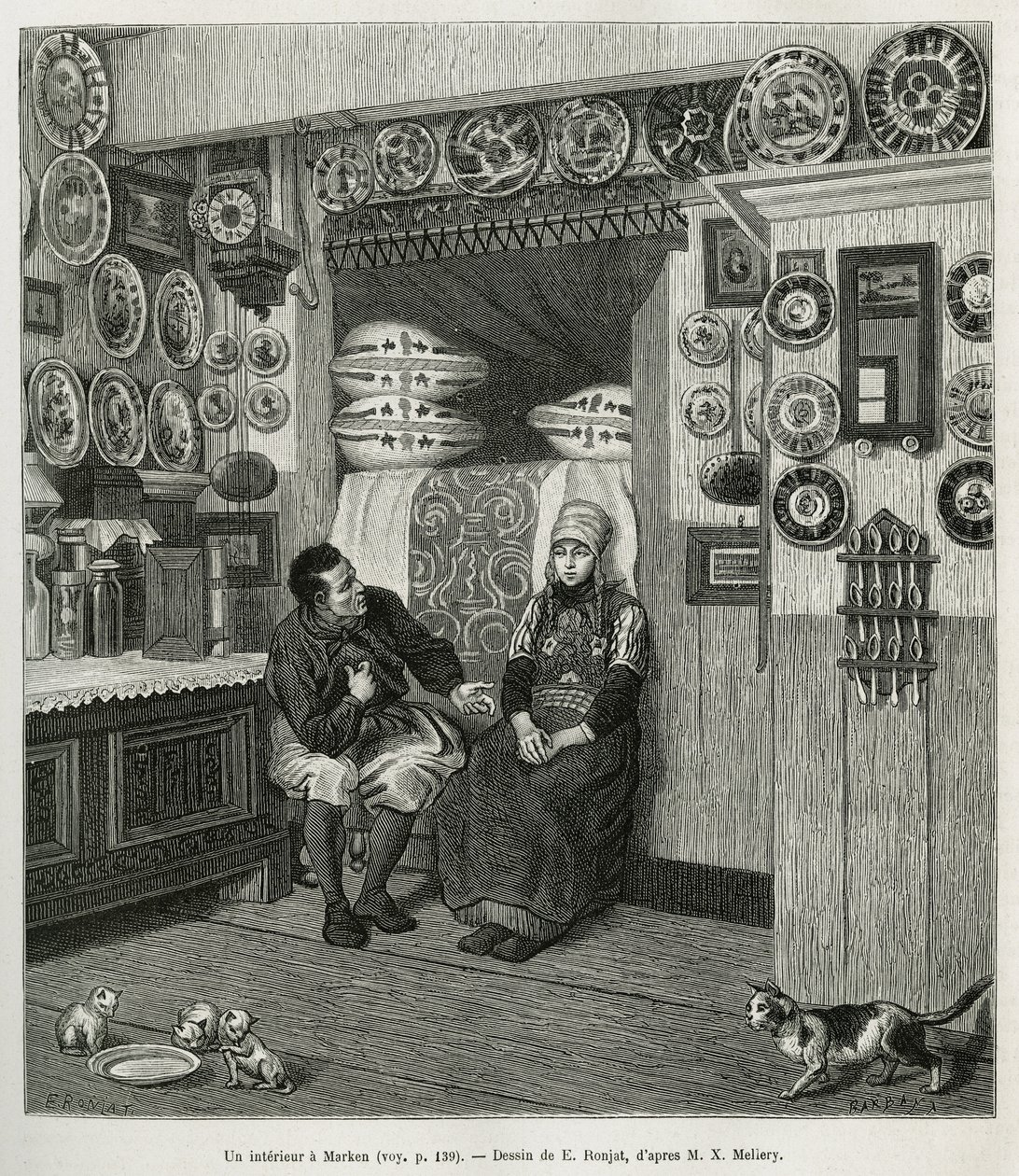 Een interieur in Marken (Nederland), gravure naar een tekening van E.Ronjat, ter illustratie van het verhaal van Nederland, door Charles de Coster, 1878, gepubliceerd in 
