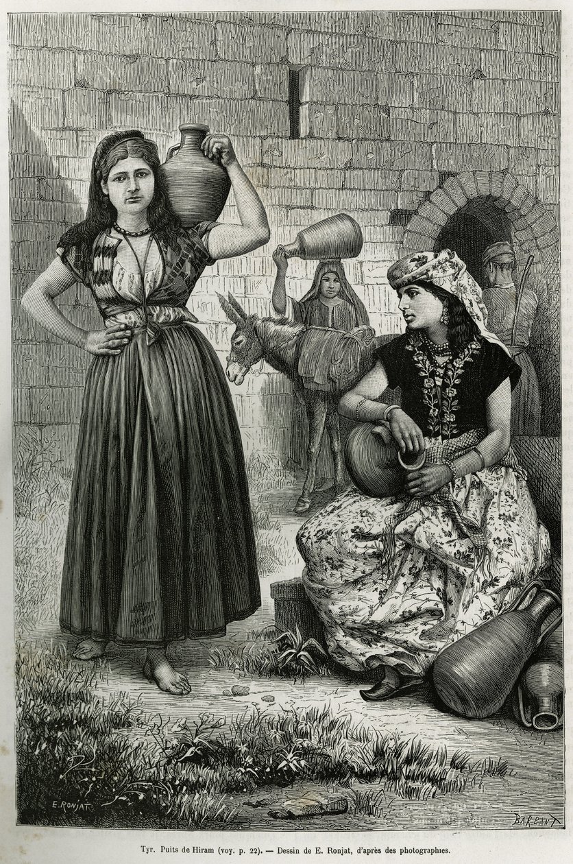 Vrouwen dragen kruiken, bij de bron van Hiram in Tyrus. Gravure door E. Ronjat, ter illustratie van het verhaal La Syrie d