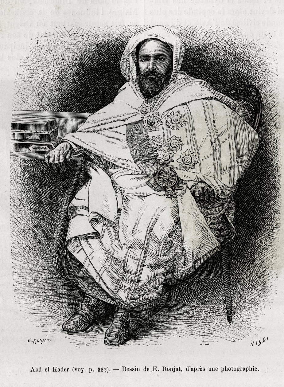 Portret van Abd El Kader (1808-1883) Algerijnse emir en sultan, soefi-theoloog, politicus en militair verzet tegen het Franse koloniale leger, ook schrijver, dichter en filosoof. Gravure door E. Ronjat, ter illustratie van het verhaal La Syria d