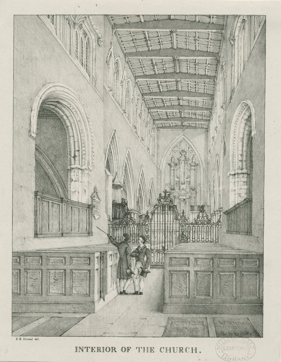 Interieur van Tamworth Kerk: lithografie, nd [1796-1865] door Etienne Bruno Hamel