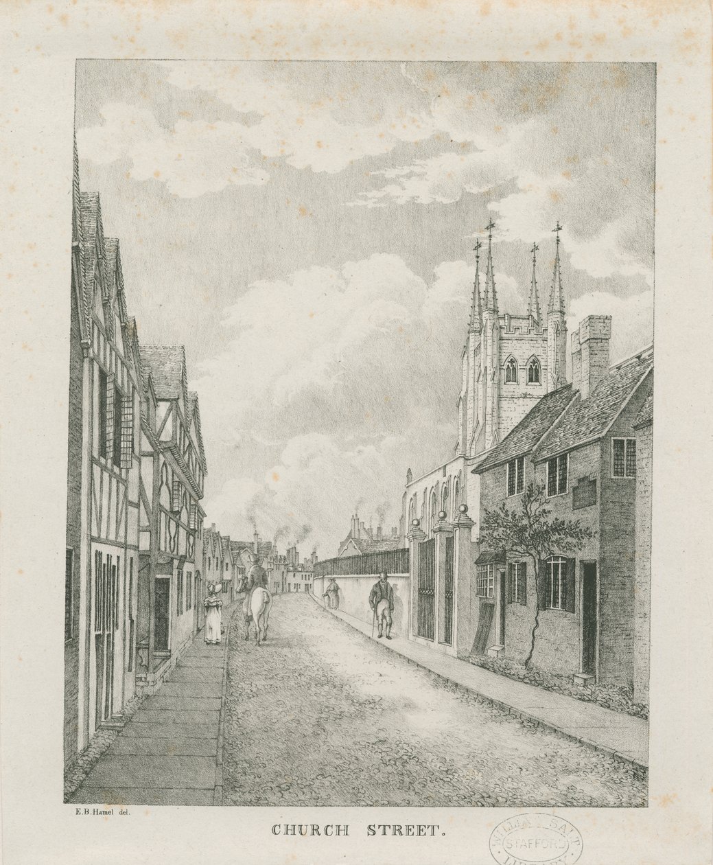Tamworth - Kerkstraat: lithografie door Etienne Bruno Hamel