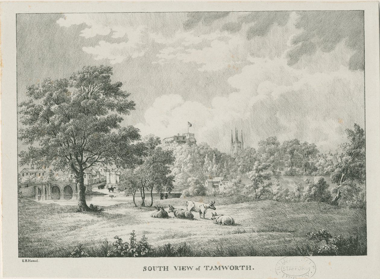 Tamworth - Verre uitzicht vanuit het zuiden: lithografie, nd [1796-1865] door Etienne Bruno Hamel