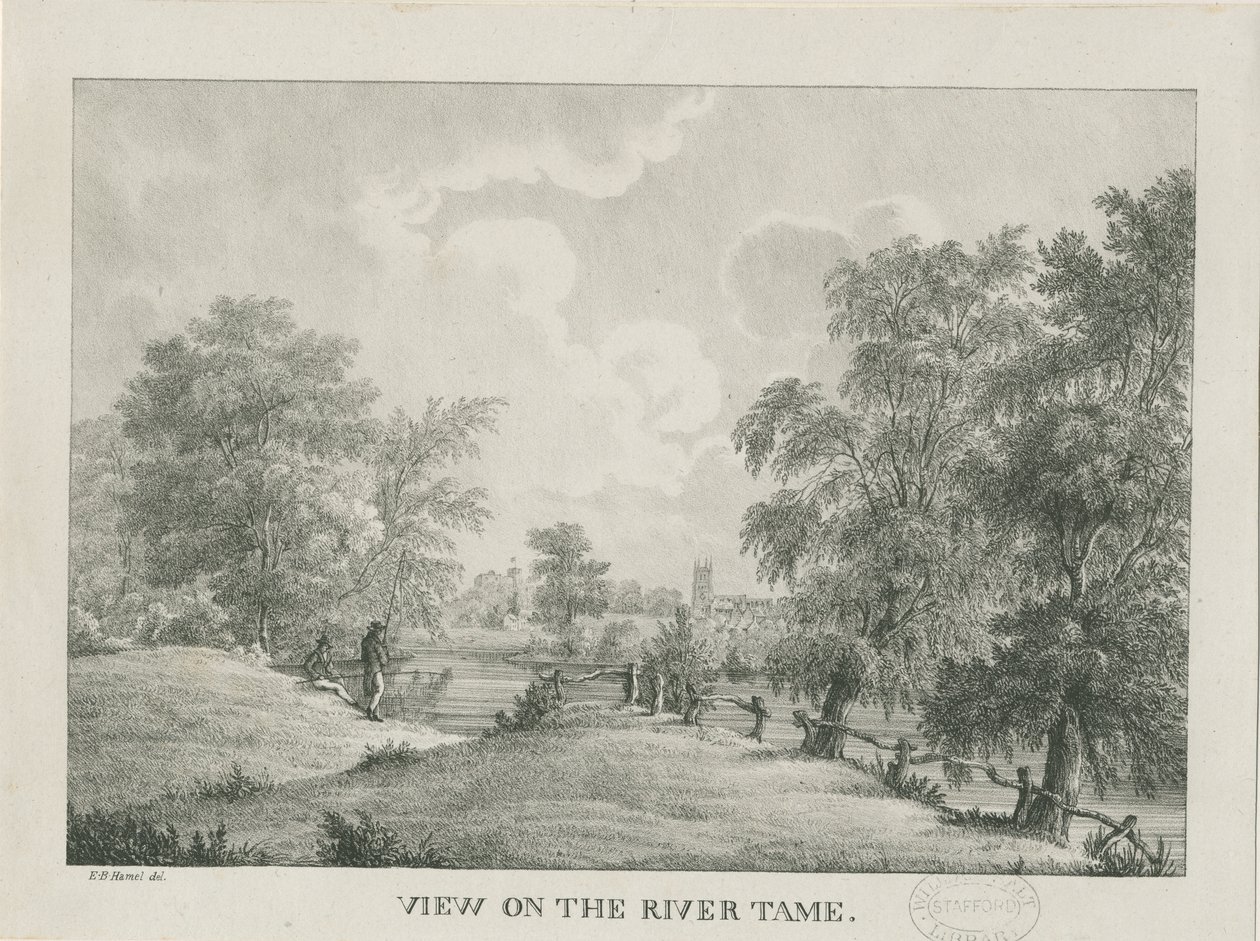 Tamworth - De rivier Tame: lithografie, nd [1796-1865] door Etienne Bruno Hamel