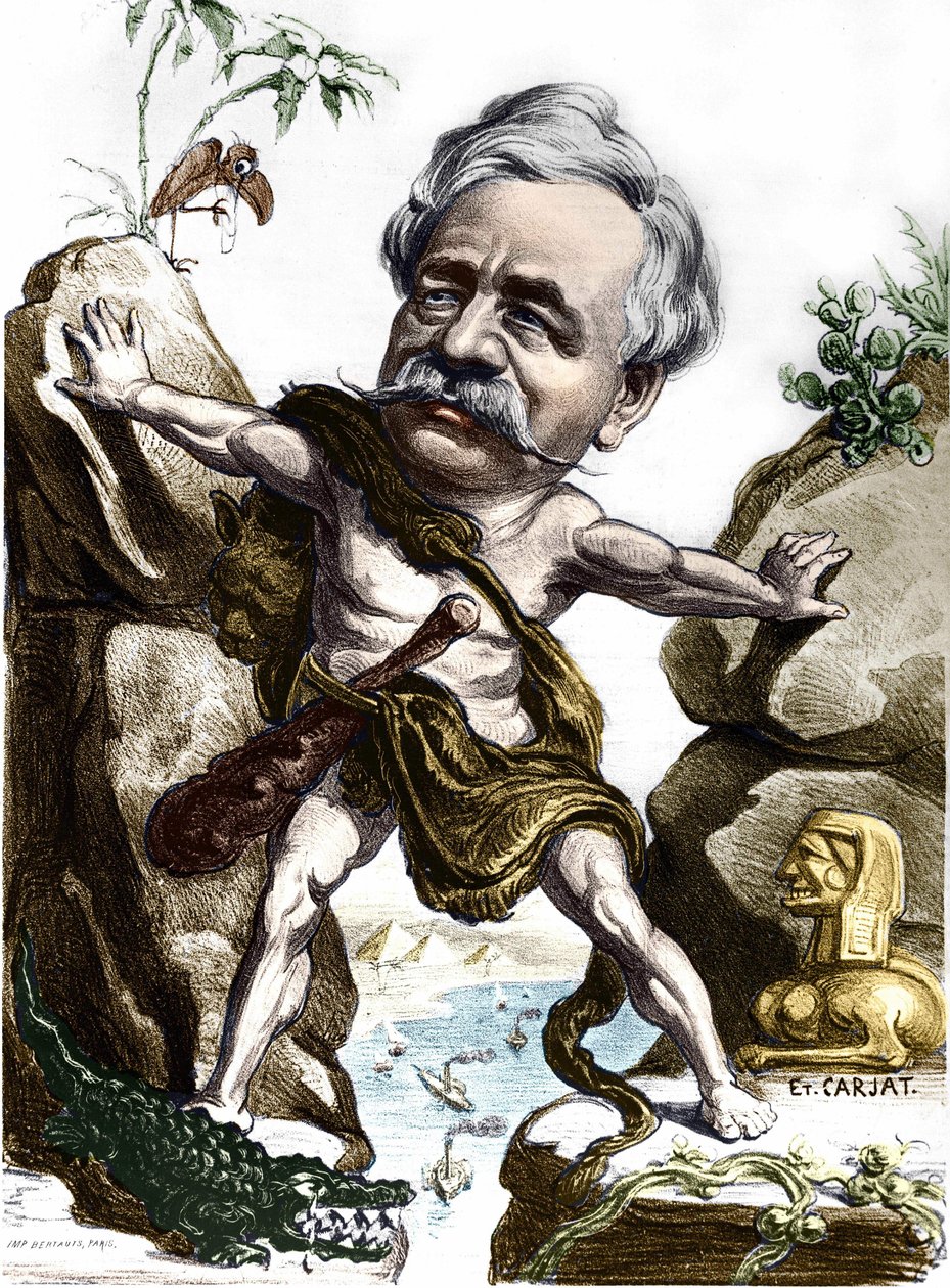 Ferdinand de Lesseps (1805-1894), Franse diplomaat en beheerder van het Suezkanaal. Caricatuur door Carjat. door Etienne Carjat