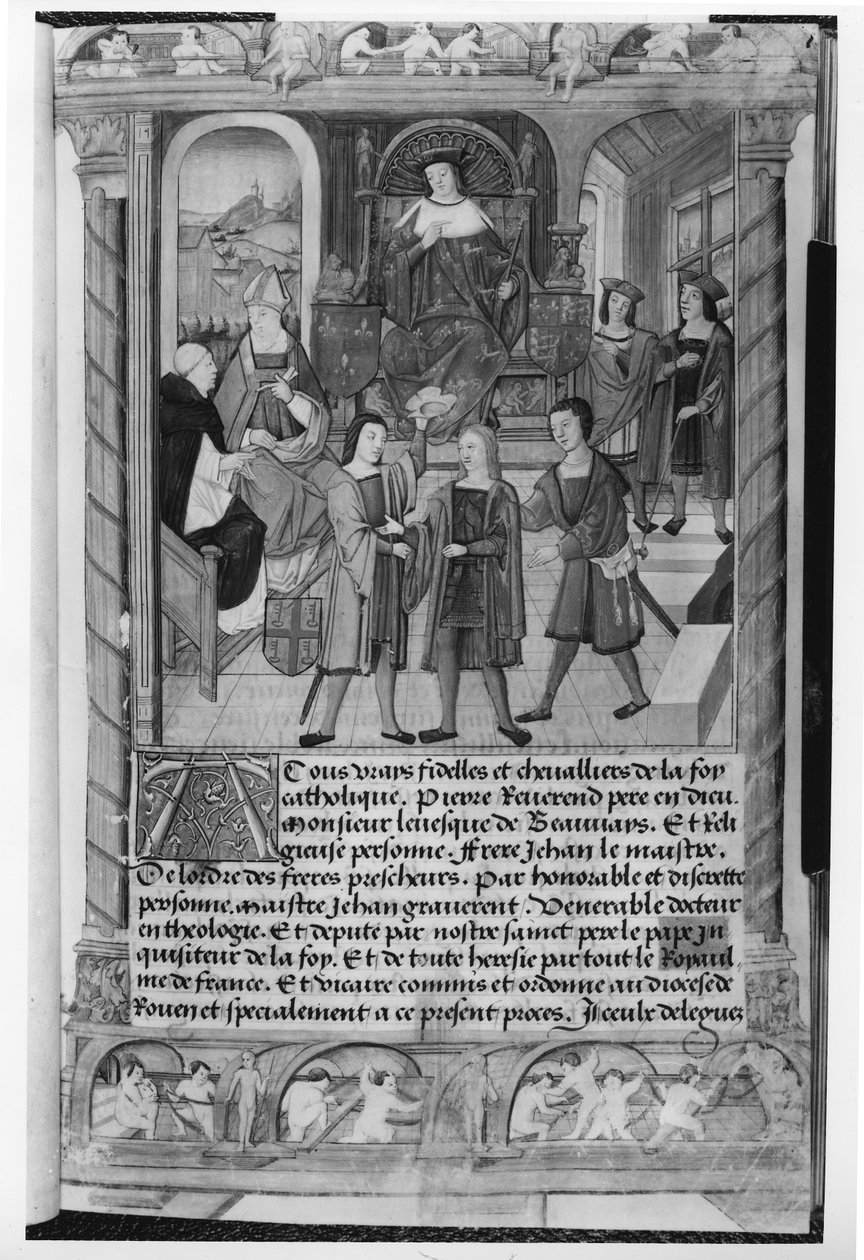 Hendrik VI (1421-71) en Pierre Cauchon (1371-1442) Bisschop van Beauvais en Lisieux, uit het Manuscript van Diane de Poitiers door Etienne Collant