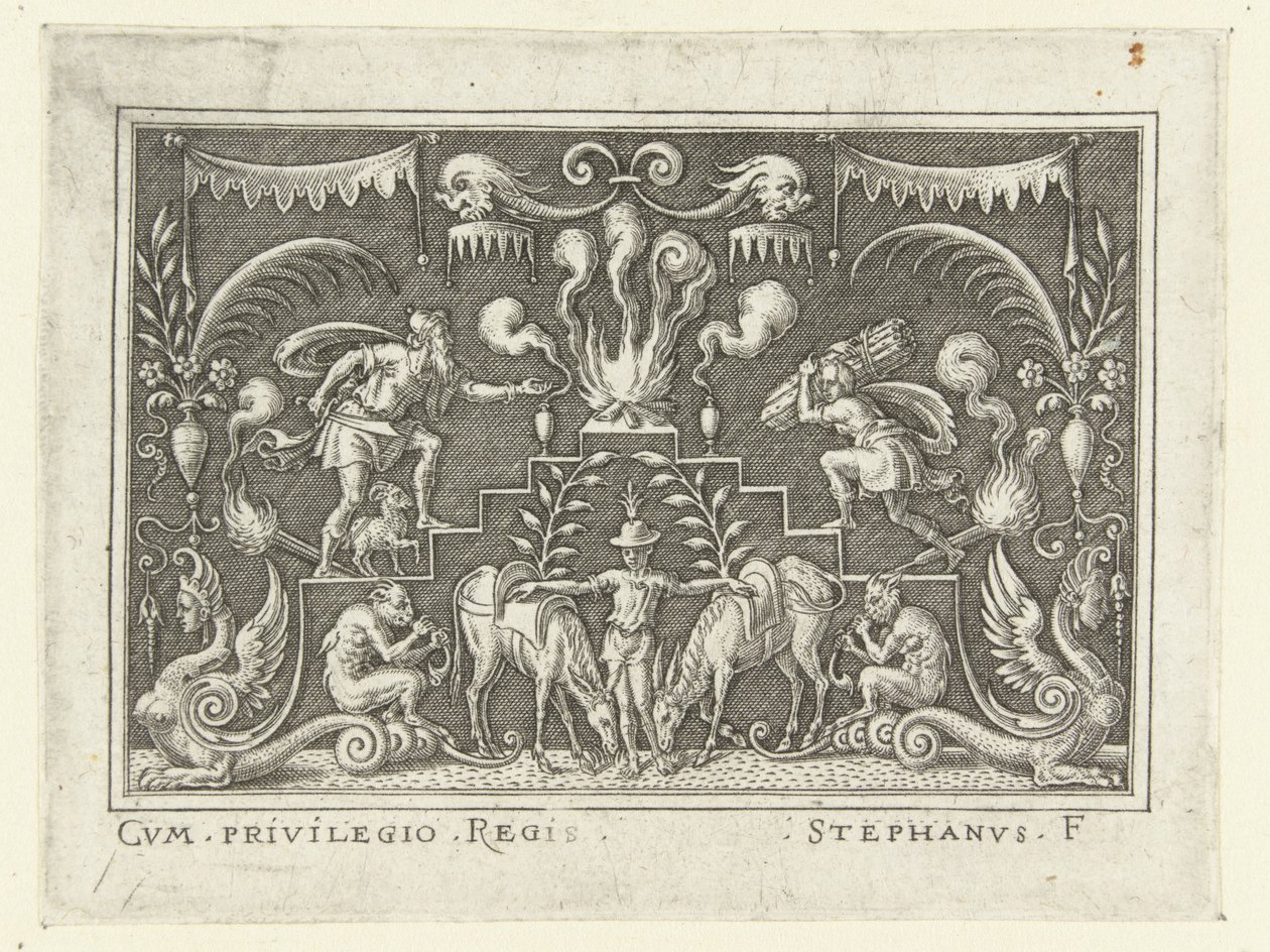 Abraham gaat Izaäk opofferen Vlakdecoraties met scènes uit het Oude Testament in een omlijsting van grotesken door Etienne Delaune
