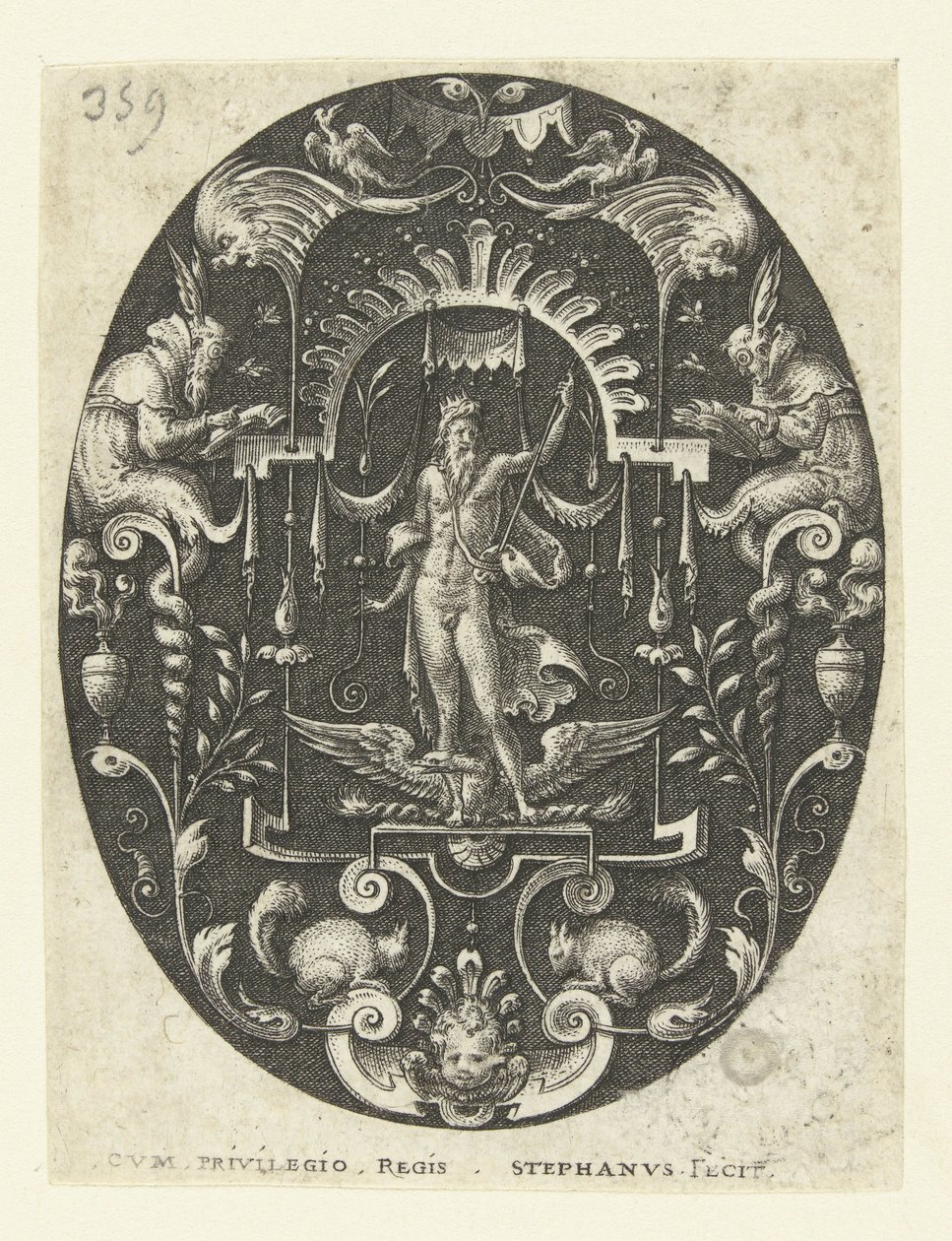 Jupiter met zijn adelaar aan zijn voeten (Ovalen met goden, omringd door grotesken) door Etienne Delaune
