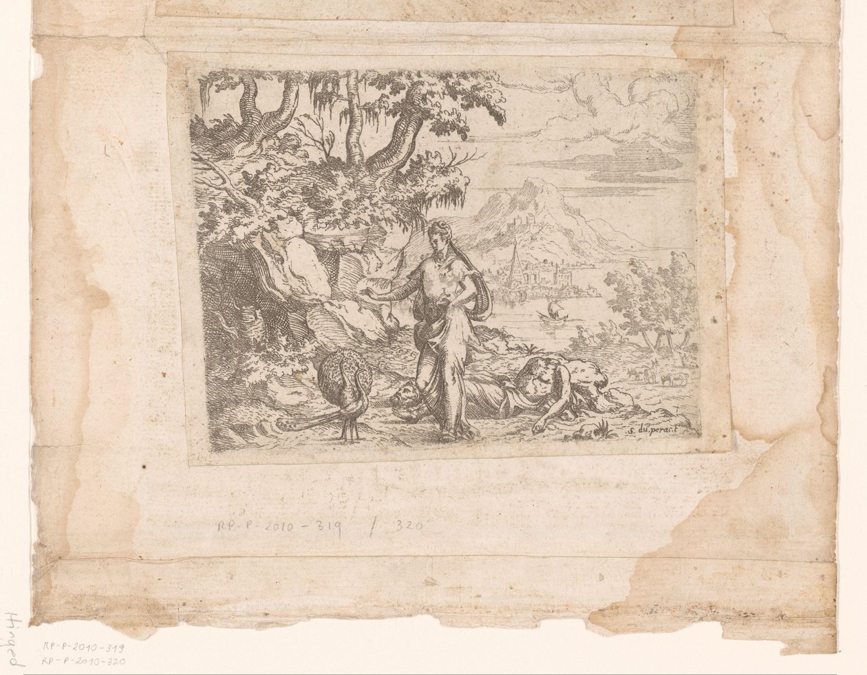 Landschap met Juno die de ogen van Argus op een pauwenstaart strooit door Etienne Duperac