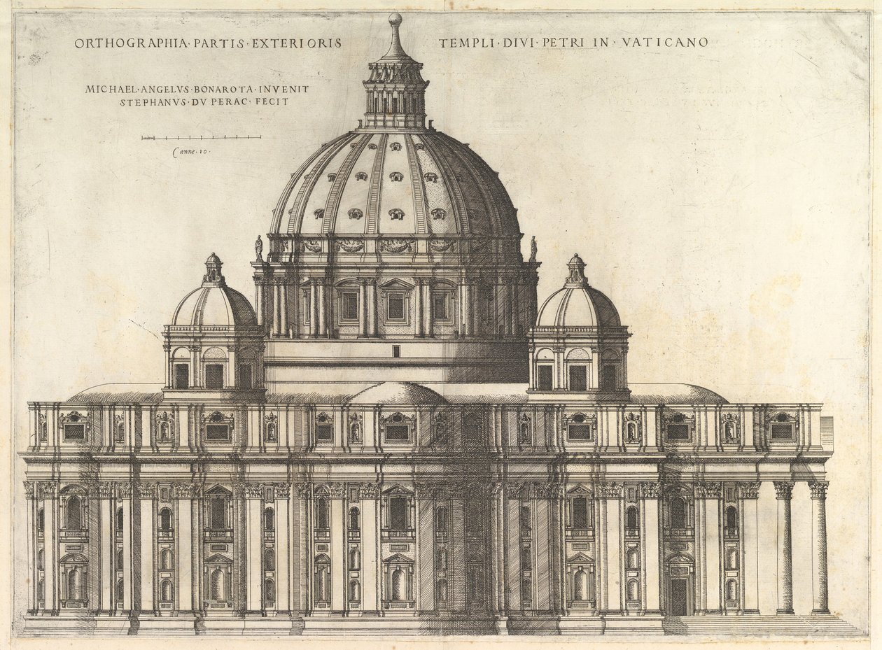 Speculum Romanae Magnificentiae: Verhoging die de Buitenkant van de Sint-Pietersbasiliek toont door Etienne Duperac