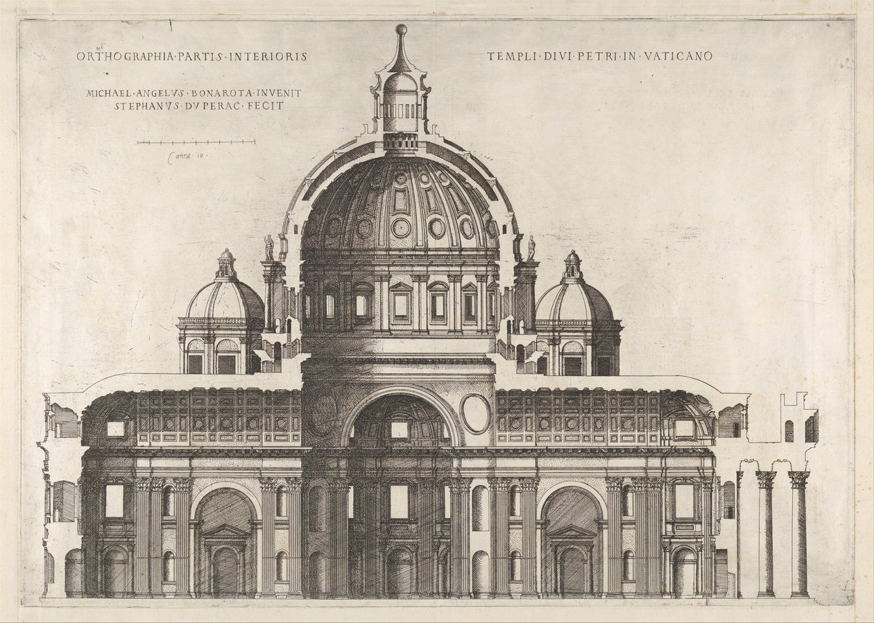 Speculum Romanae Magnificentiae: Lengtedoorsnede die het interieur van de Sint-Pietersbasiliek toont door Etienne Duperac