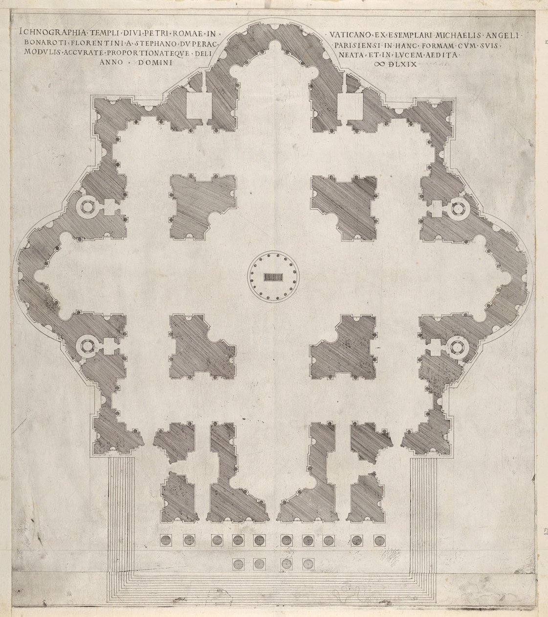 Speculum Romanae Magnificentiae: Plattegrond van St. Pieter, 1569 door Etienne Duperac