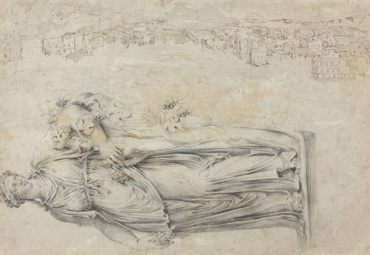 Uitzicht op de Tiber; Kopie van een Romeins Beeld van een Bacchante [verso] door Etienne Duperac