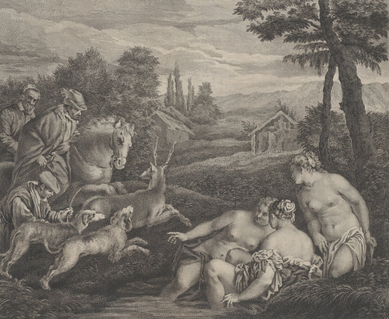 Diane en Acteon veranderd in Hert, ca. 1742 door Etienne Fessard