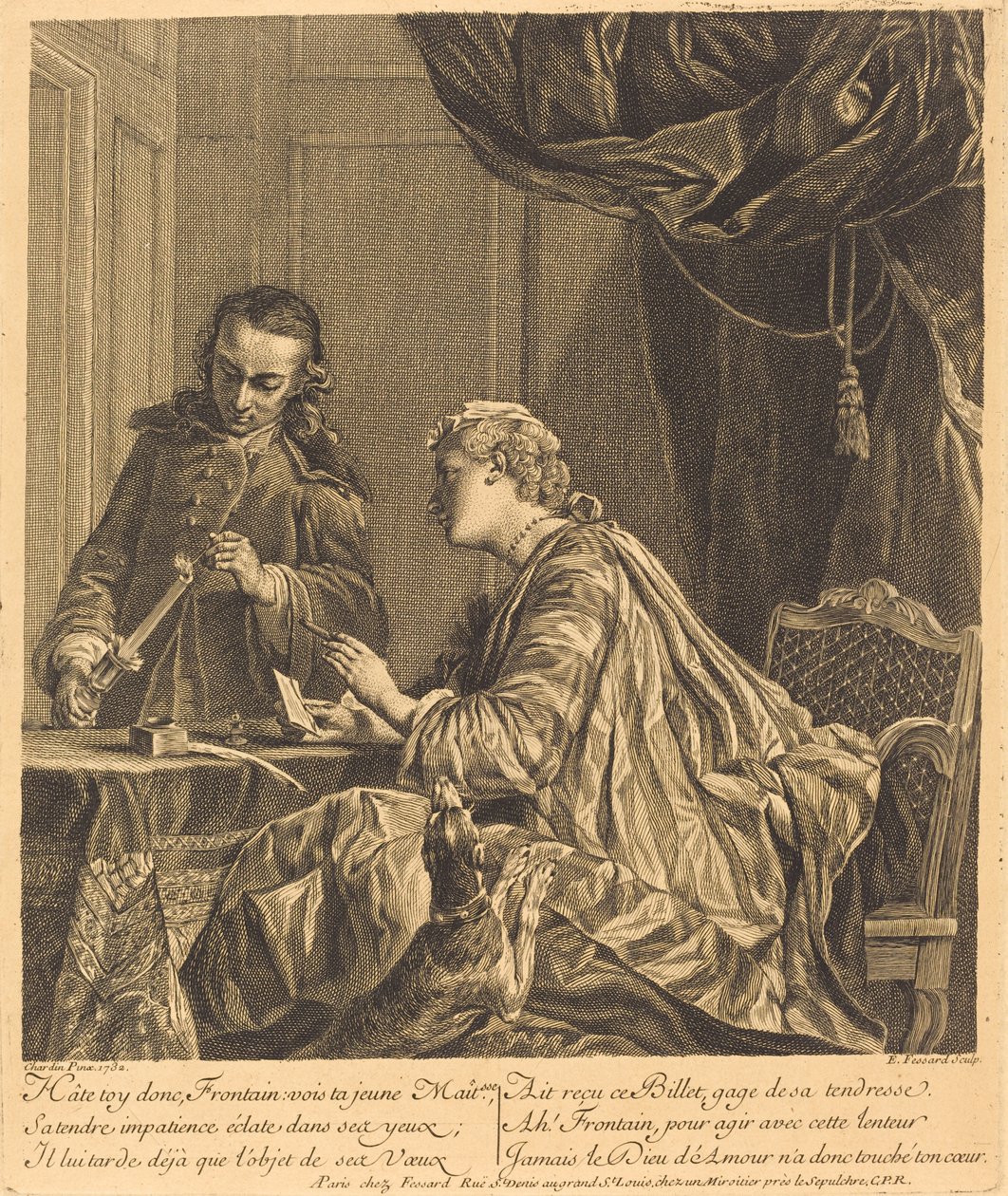 Vrouw die een brief verzegelt door Etienne Fessard after Jean Siméon Chardin