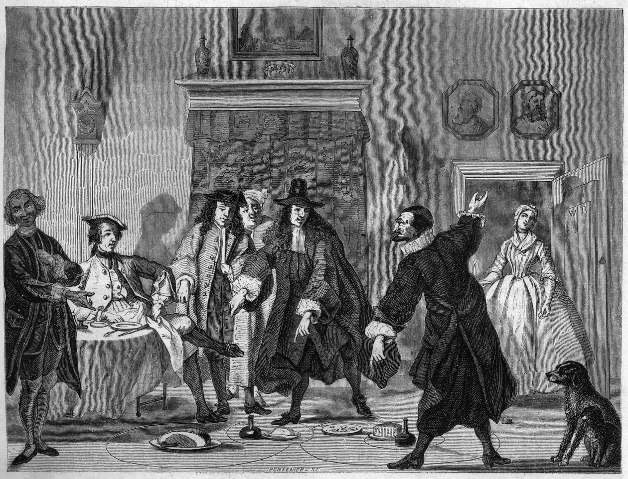 Komediescène in een Nederlands theater in de 18e eeuw. Gravure door Bocour naar een gouache van Troost door Etienne Gabriel Bocourt