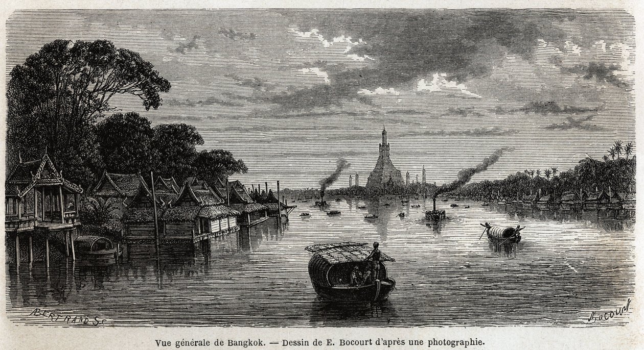 Algemeen uitzicht op Bangkok (Thailand), tekening door E. Bocour, ter illustratie van de reis van Henri Mouhot naar de koninkrijken Siam, Cambodja en Laos van 1858 tot 1861. Gravure in "Le tour du monde", uitgegeven door Edouard Charton door Etienne Gabriel Bocourt