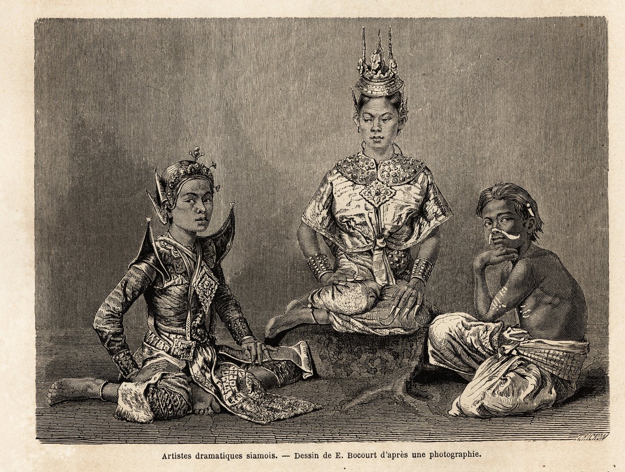 Siamese dramatische artiesten, tekening door E. Bocour, ter illustratie van Henri Mouhot