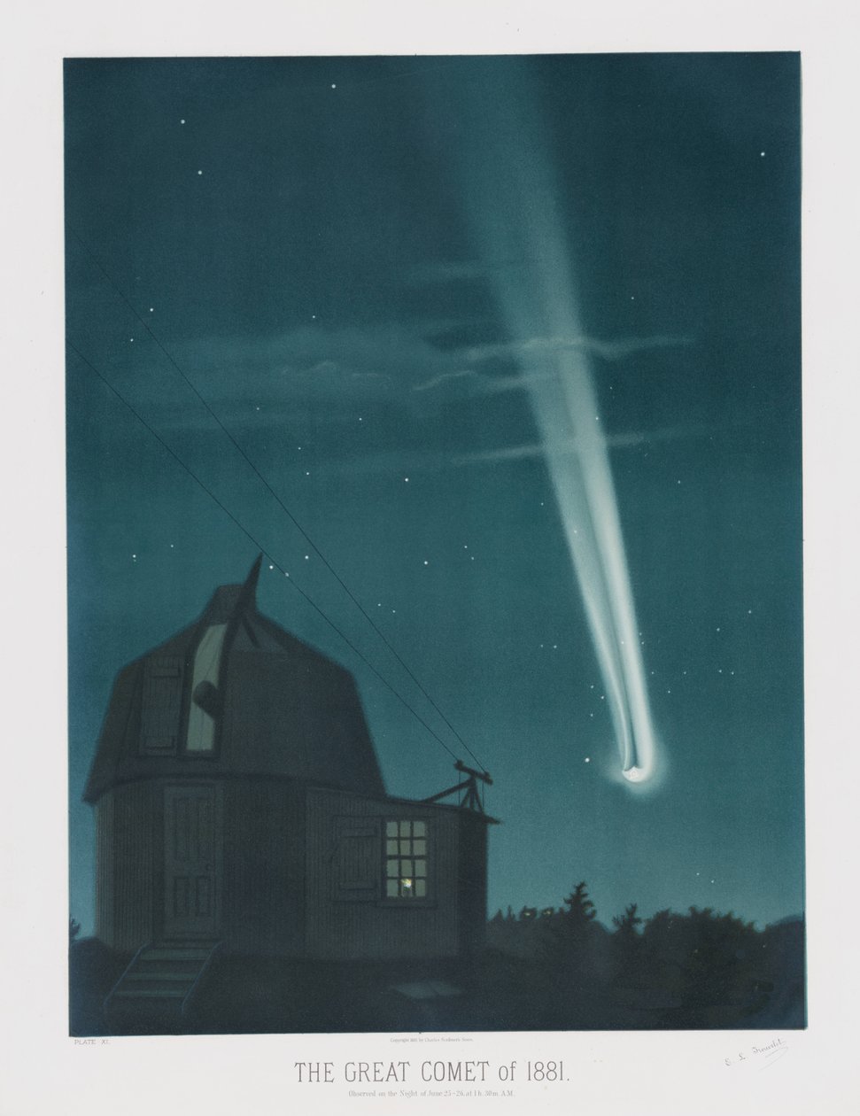 De Grote Komeet van 1881, waargenomen in de nacht van 25-26 juni, om 1u30, uit The Trouvelot Astronomical Drawings 1881, uitgegeven 1881 door Étienne Léopold Trouvelot