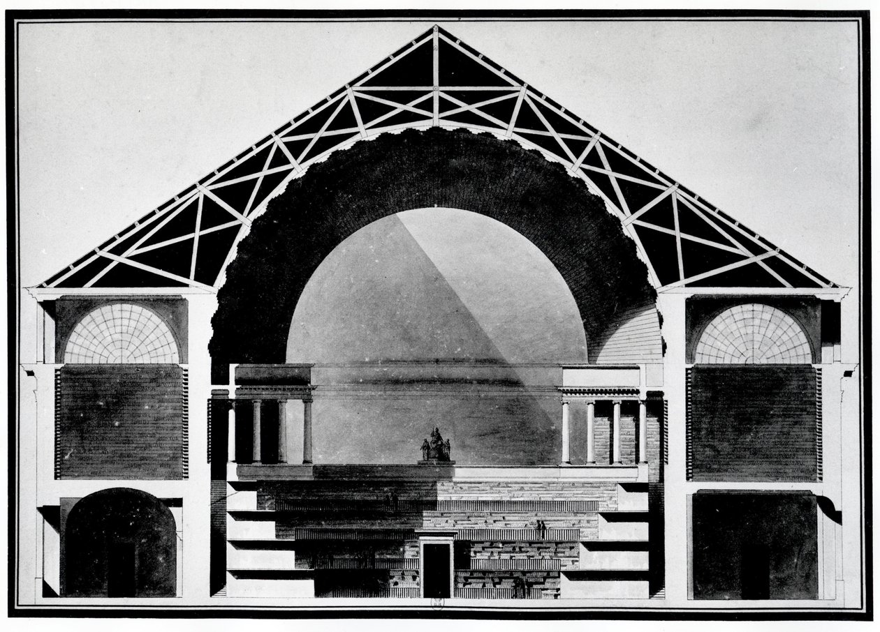 Bibliothèque Royale de France, doorsnedetekening van het gebouw. Architectuur door Etienne Louis Boullee (Etienne-Louis Boullee), Franse architect (1728-1799) door Etienne Louis Boullee