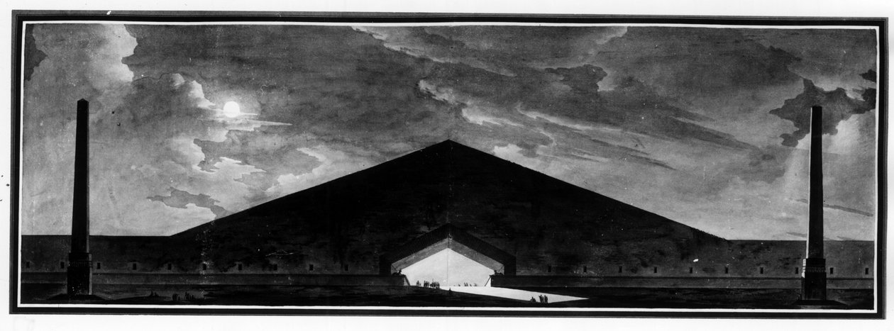 Funerair monument "karakteriserend het genre van schaduwarchitectuur" - E.L. Boullée. door Etienne Louis Boullee