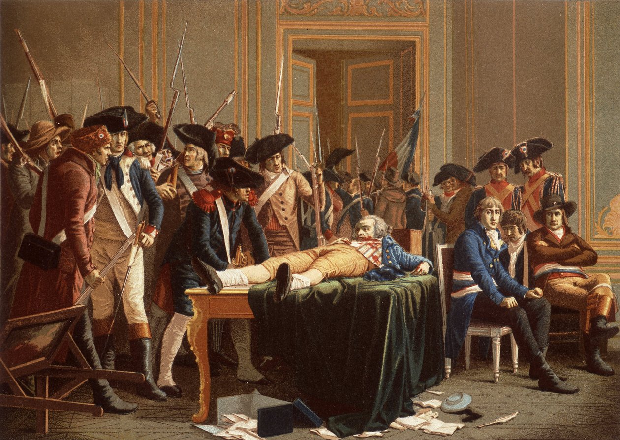 De ochtend van de 10e Thermidor Jaar II; Maximilien de Robespierre, met een gebroken kaak, uitgespreid op een tafel door Etienne Lucien (after) Melingue
