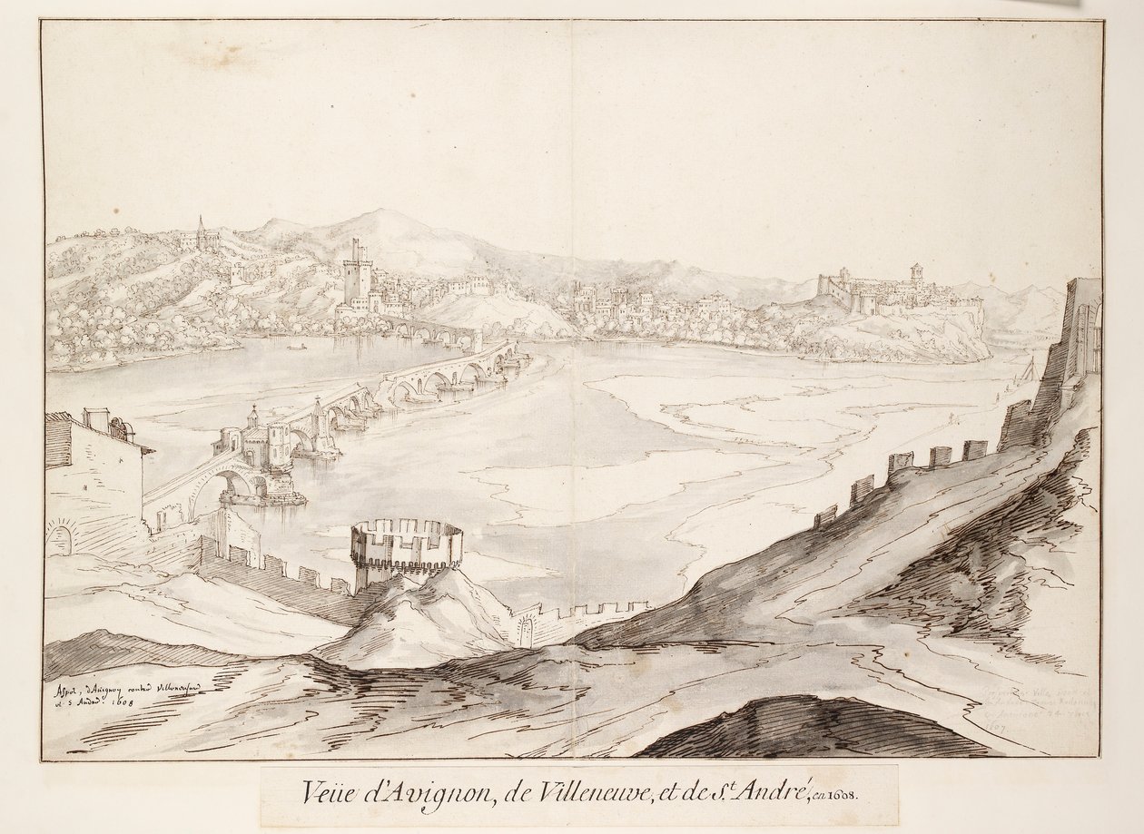 Uitzicht op de brug bij Avignon richting Villeneuve, begin 17e eeuw door Etienne Martellange