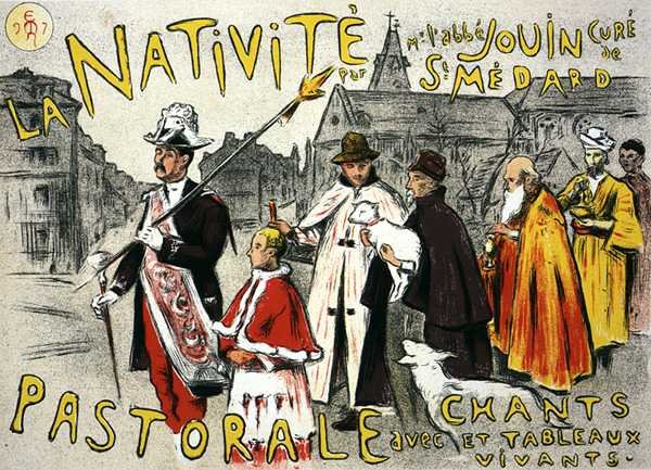 Reproductie van een poster die een kerststal met liederen en levende beelden adverteert door Etienne Moreau-Nelaton